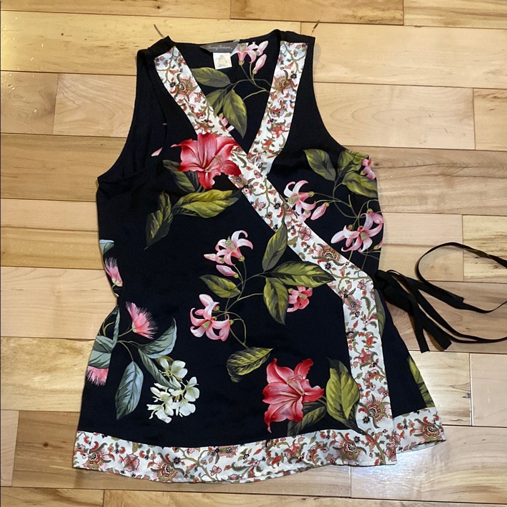 Tommy Bahama Floral Black Sleeveless Wrap Top